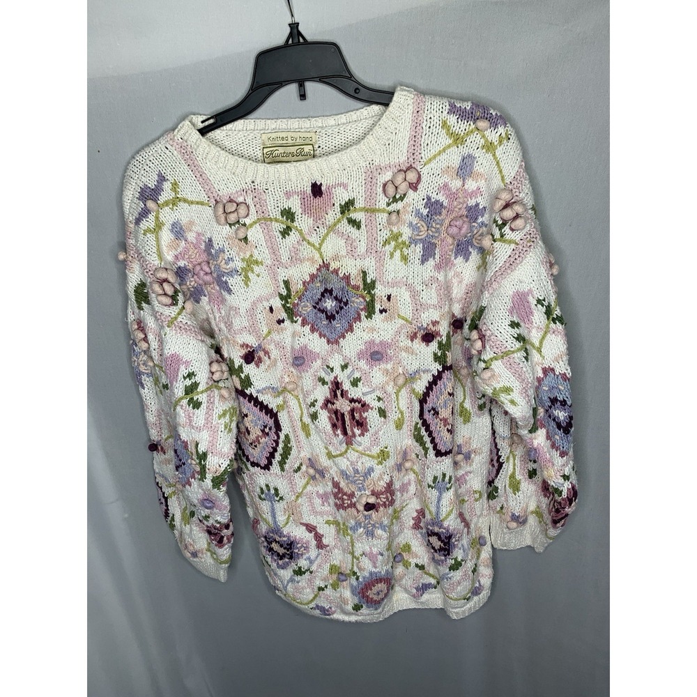 Women's L Hunters Run Knitted By Hand Heavy Floral Unique Sweater Granny Cottage